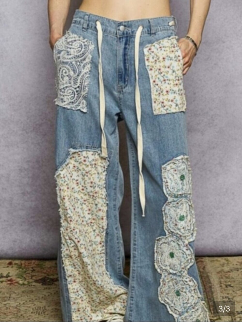 POL Wide Leg Patchwork Jeans in Light Blue with Cream Floral Patches